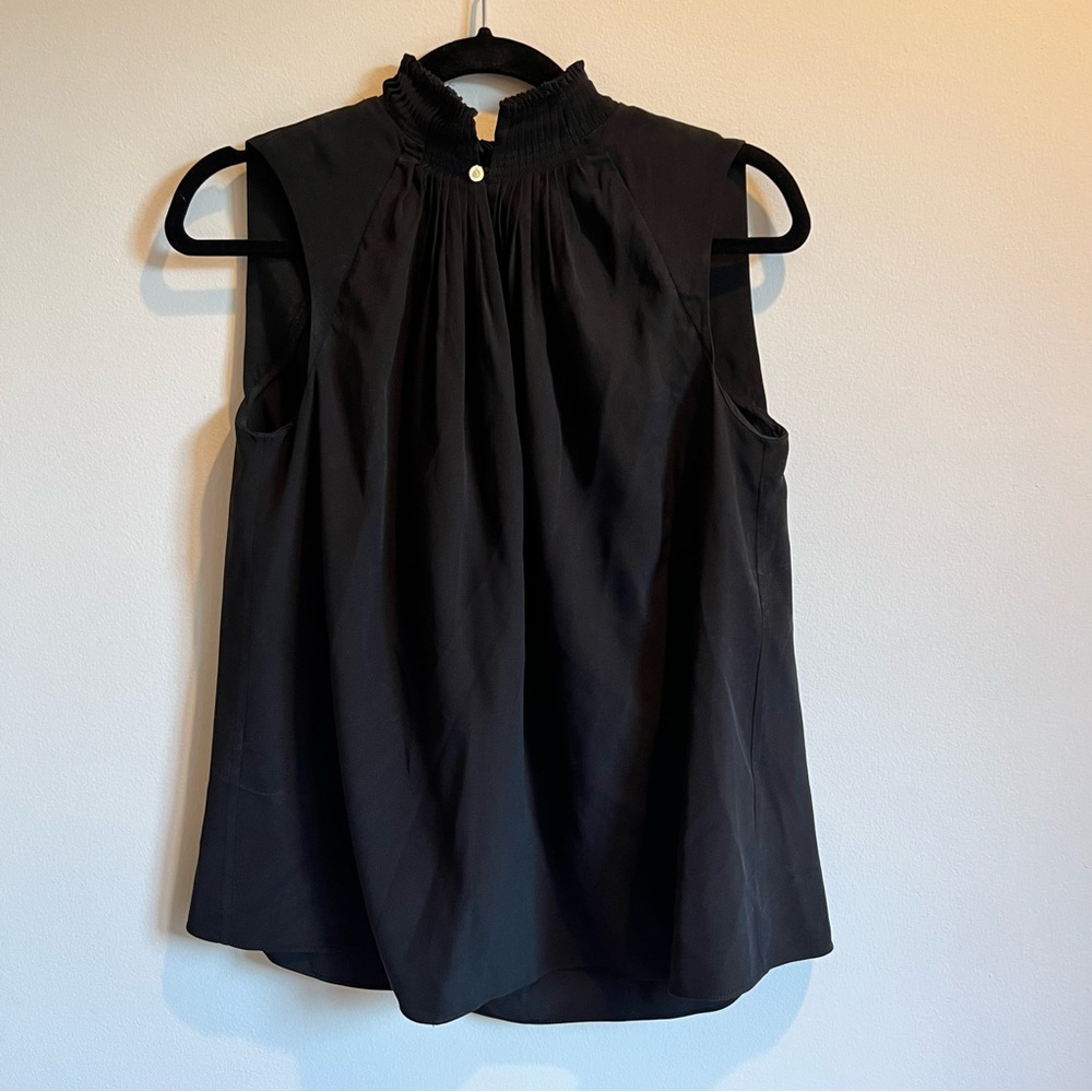 Tibi Black High Mock Neck Sleeveless Blouse with Gold Button